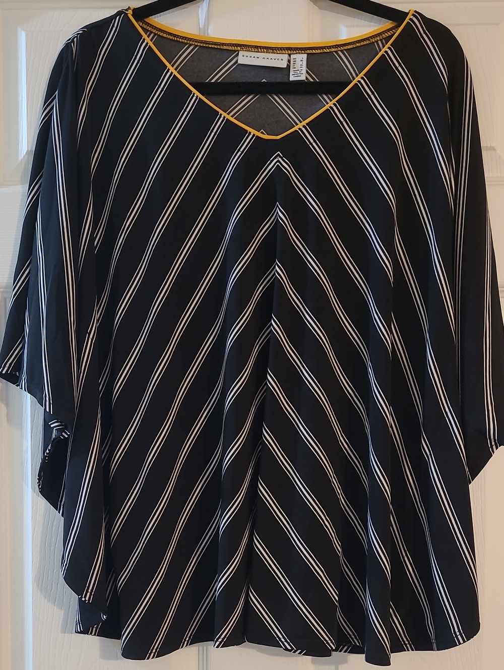 Susan Graver Black and White Striped V-Neck Tunic with Gold Trim